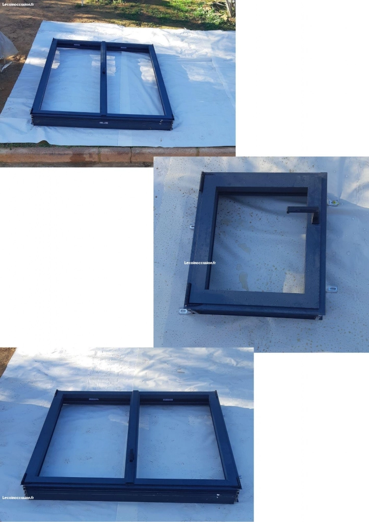 Vend cadres et fenêtres PVC sans vitres col anthracite jamais utilisés plus fenetre PVC blanche avec vitres, le tout factures a l appui