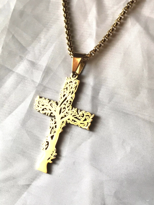 Collier Pendentif Croix Arbre Vie Branches Bijou Doré Fantaisie