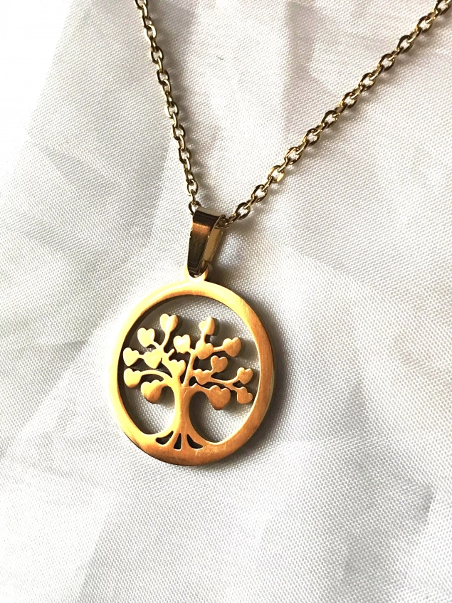 Collier Pendentif Cercle Arbre Vie Cœurs Bijou Doré Fantaisie