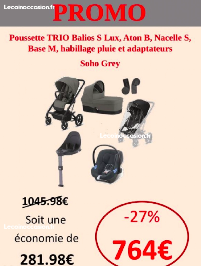 Trio balios s lux BLK Soho grey, Aton B, Nacelle S,base M, habillage pluie et adaptateur