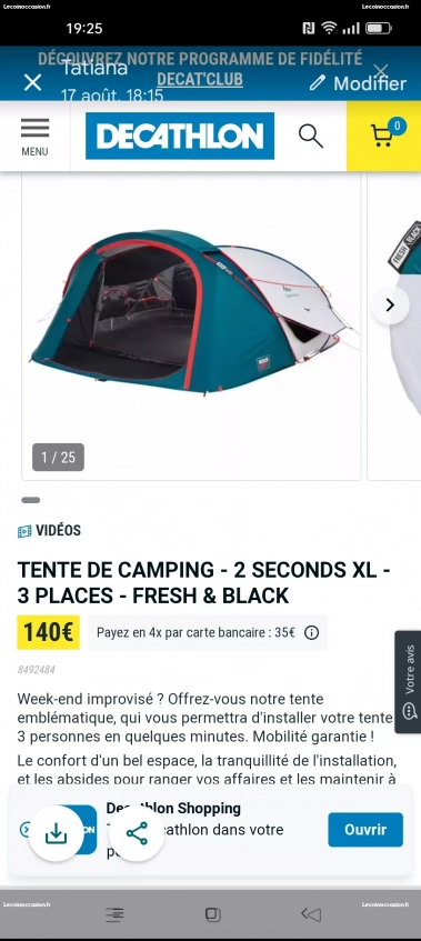 Vend toile de tente