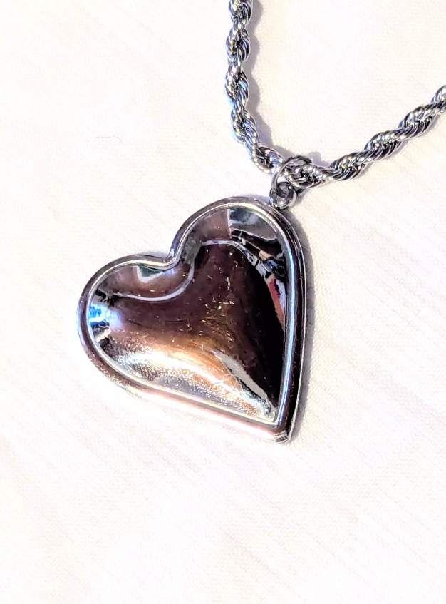 Collier Pendentif Gros Cœur Plat Bombé Creux Amour Bijou Argenté
